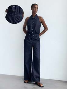 Maija 时尚休闲百搭纽扣无袖女式牛仔连体裤