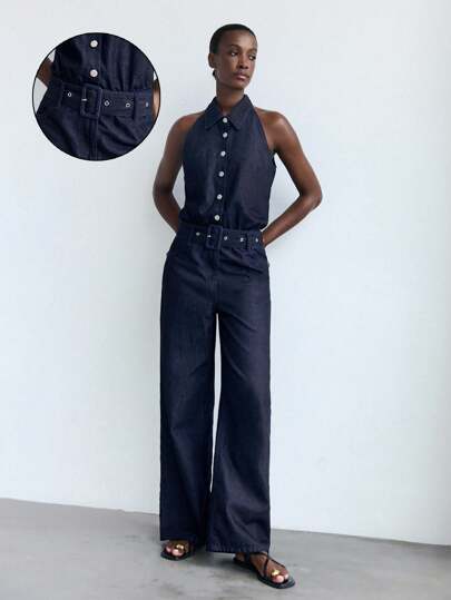 Maija 时尚休闲百搭纽扣无袖女式牛仔连体裤