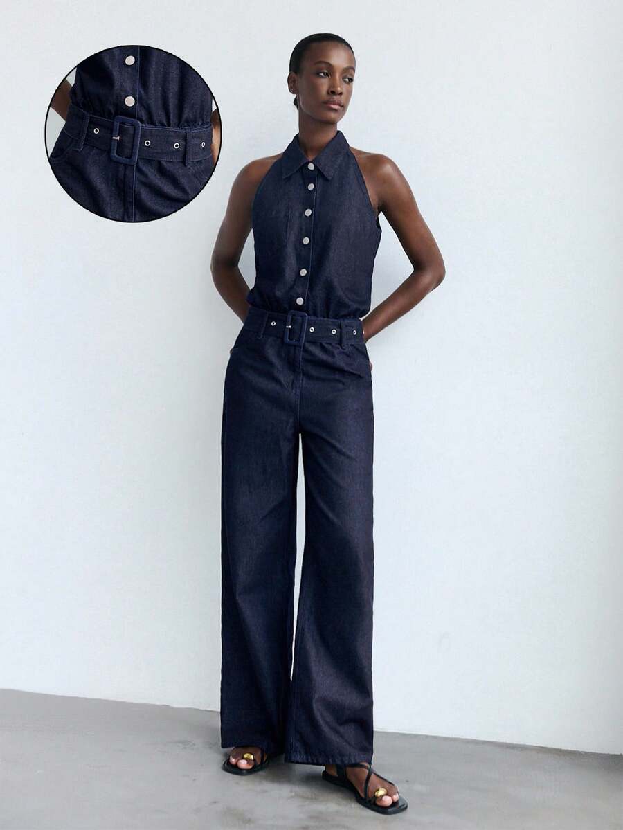 Maija 时尚休闲百搭纽扣无袖女式牛仔连体裤