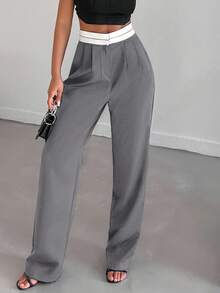EURMUSE Pantalones de traje diario de uso sencillo con contraste de color para mujeres - Gris - Ver 3