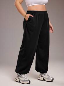 Rhythm Era 女式保暖内衬运动裤，带口袋，宽松直筒裤，松紧腰和脚踝，日常休闲慢跑裤，加大码宽松裤，健身裤，宽松松紧腰裤，舞蹈工作室裤，黑色裤子，瑜伽裤 - 黑色 - 查看 1