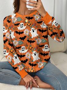 EMERY ROSE Orange Ghost, Pumpkin, Bat Graphic Print Halloween Raglan Long Sleeve Plus Size Sweatshirt Fall Cloth For Women Winter Autumn - Multicolor - View 5