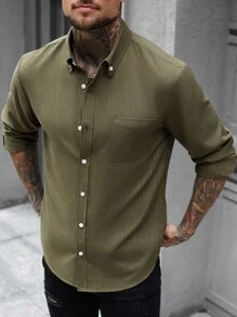 Manfinity CasualCool 男士纯色竹节针织亚麻休闲长袖衬衫男士纽扣衬衫男士纹理衬衫，2025新款秋季衬衫适合通勤、休闲约会、商务等各种场合。这是一款适合秋季外出的长袖上衣， - 軍綠色 - 查看 1