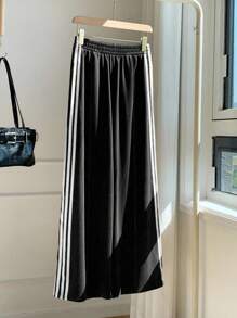 Comfortcana Quần nỉ ống rộng lưng thun kẻ sọc hai bên dành cho nữ, dáng rộng, thời trang thu đông - màu đen - Xem 5