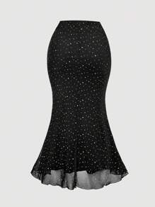 SHEIN MOD Váy lưới đuôi cá thêu ren chắp vá cỡ lớn cạp cao - màu đen - Xem 2