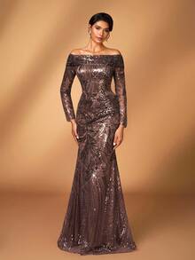 Serin 优雅奢华珍珠亮片花卉露肩透视长袖美人鱼连衣裙，适合婚礼、派对、度假、庆典、新娘送礼会、新娘母亲礼服 - 咖啡棕 - 查看 4