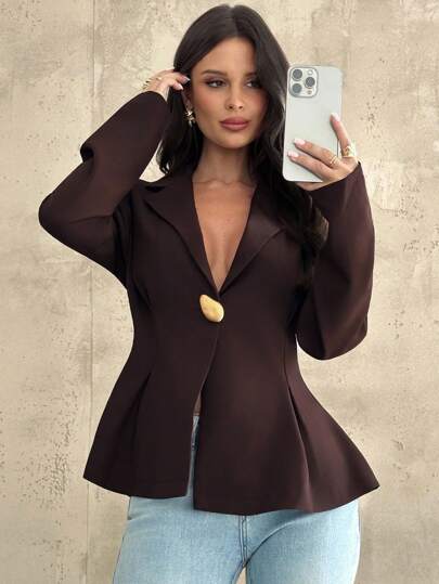 Firerie 女士休闲优雅收腰咖棕色西装外套/仿麻面料西装/收腰西装/女冬装/秋装/返校/校服/女教师装/商务休闲女装/知性优雅女装