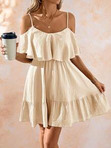 SHEIN Clasi Women's Elegant Romantic Solid Green Fabric Texture Ruffle Ruffle Hem Slip Dress, Spring/Summer Holiday,Summer Dresses For Women - Apricot - View 6