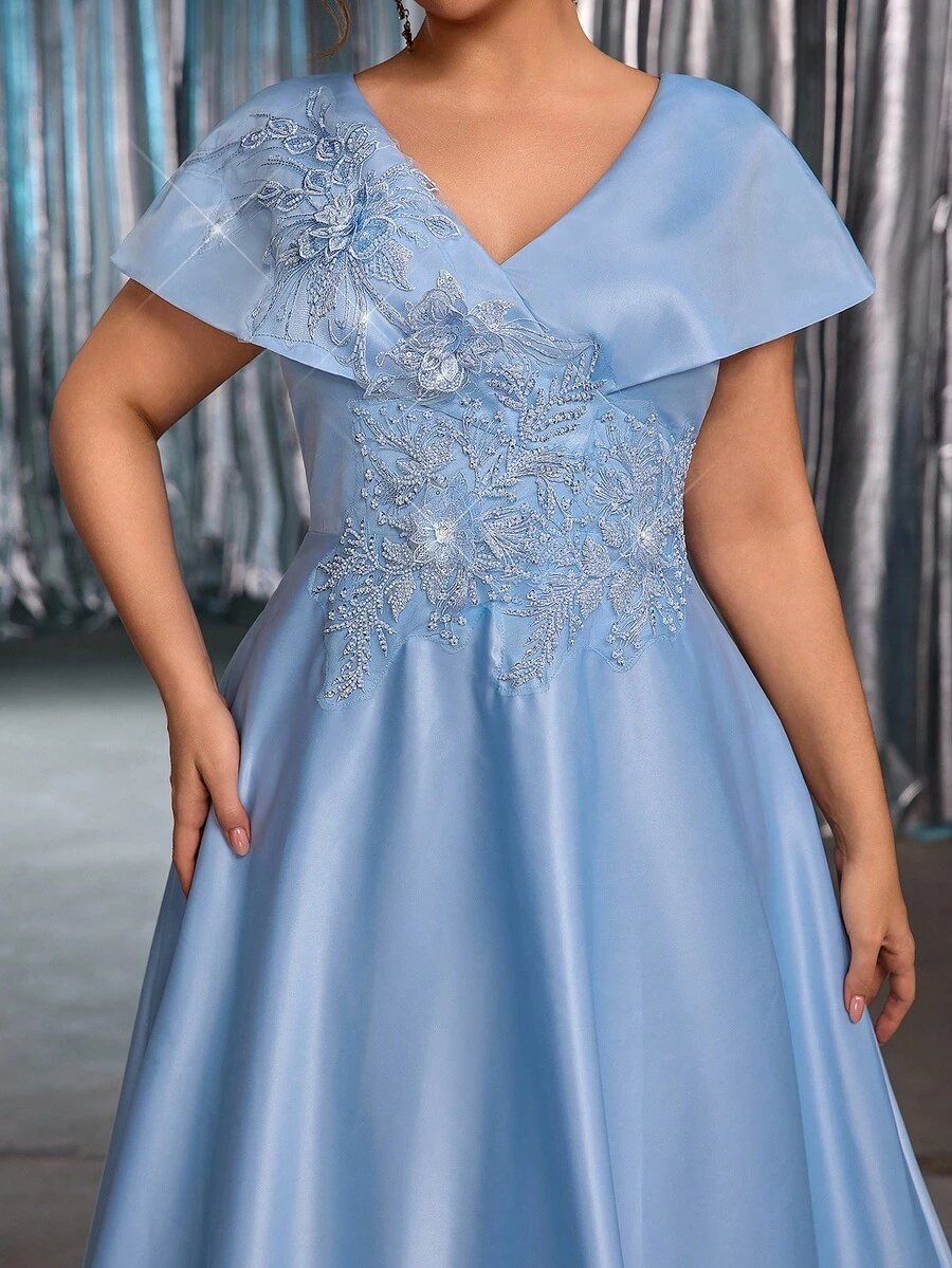 Glamrae 加大码优雅浪漫奢华 3D 花卉设计缎面喇叭袖长裙，适合晚会、约会、舞会、毕业典礼、婚礼、正式场合（重磅装饰） - 藍色 - 查看 1