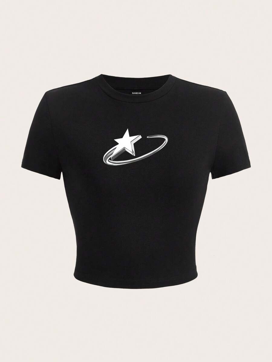 SHEIN EZwear 休闲简约五角星图案圆领短袖修身女T恤，棉混纺，适合夏季