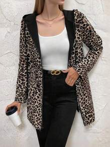 Teen Girl Reversible Leopard Print Hooded Casual Jacket Fall Winter - Black - View 2