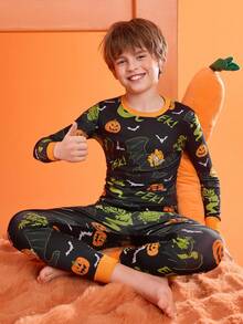 GARFIELD | SHEIN 青少年男孩黑色卡通蝙蝠猫和南瓜印花舒适睡衣套装，适合秋冬季节、万圣节 - 黑色 - 查看 6