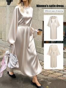 Elyressa 女士优雅通勤纯色喇叭袖连衣裙 - 米色 - 查看 1