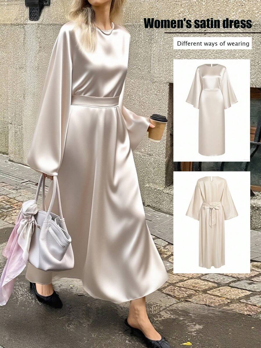 Elyressa 女士优雅通勤纯色喇叭袖连衣裙 - 米色 - 查看 1