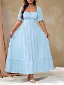 Flirla Vestido largo con escote cuadrado, lazo, volantes en el bajo, color rosa romántico y dulce, para usar en Pascua, talla grande