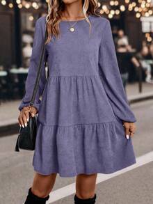 SHEIN LUNE Elegant Vintage Solid Color Ruffle Hem Long Sleeve Dress Fall Cloth For Women - Purple - View 3