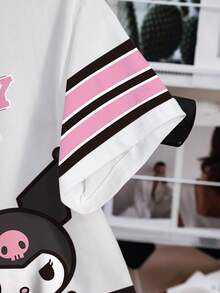 HELLO KITTY AND FRIENDS | SHEIN Women's Casual Cute Cartoon & Letter Graphic Contrast Striped Short Sleeve T-Shirt, Summer