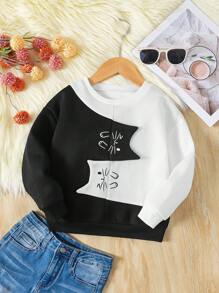 年轻女孩卡通猫咪印花撞色圆领宽松长袖卫衣 - 黑與白 - 查看 4