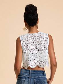 Travachic Ärmelloses Crop-Top zum Binden und Aushöhlen im Bohemian-Stil für Damen, Häkeltop für Damen, Ösentop für Damen, Häkelweste, weißes Häkeltop, Herbst-Outfits für Damen, Winterkleidung für Damen