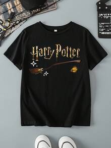 HARRY POTTER X SHEIN Camiseta de manga corta con gráfico de letras informal para niño preadolescente, adecuada para el verano - Negro - Ver 1
