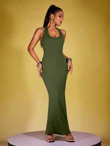 INAWLY Váy suông ôm dáng đơn sắc dành cho nữ, mùa hè - xanh quân đội - Xem 3