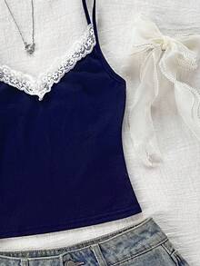 女童蕾丝芭蕾风格吊带背心，海军蓝和白色 - 藏蓝色 - 查看 4