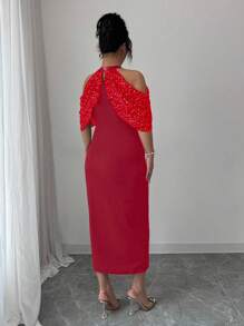 Elenzga Plus Size Women Cold Shoulder Metallic Foil Sleeveless Bodycon Dress, Elegant And Chic - Red - View 2