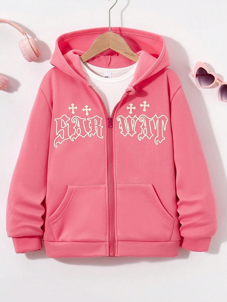 Sparklyn Tween Girl 1pc Letter Graphic Zip Up Thermal Lined Sweatshirt - Pink - View 1