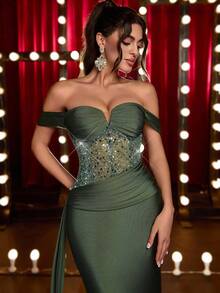 Glamrae 优雅、浪漫、端庄、奢华、绿色、亮片拼布、针织弹力面料、鱼尾下摆、拖尾、时尚、节日、度假、生日派对、婚礼活动、正式晚礼服（豪华版） - 橄欖綠 - 查看 7