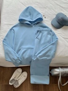 Muchica 2 件套浅蓝色休闲保暖连帽运动衫和裤子套装，适合女士，秋冬