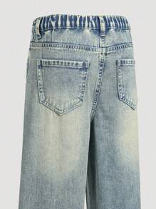 SHEIN Sparklyn Jeans anchos de pierna recta con diseño de pespunte de contraste amarillo y lavado azul, de ajuste holgado, para niñas. Adecuados para salidas casuales y uso al aire libre en primavera, otoño e invierno