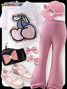 SHEIN 2pcs Young Girl Girls Casual Outfit Set - White Embroidered Cherry Knit Round Neck Tee + Pink Flared Pants, Comfortable Summer Suit For Children