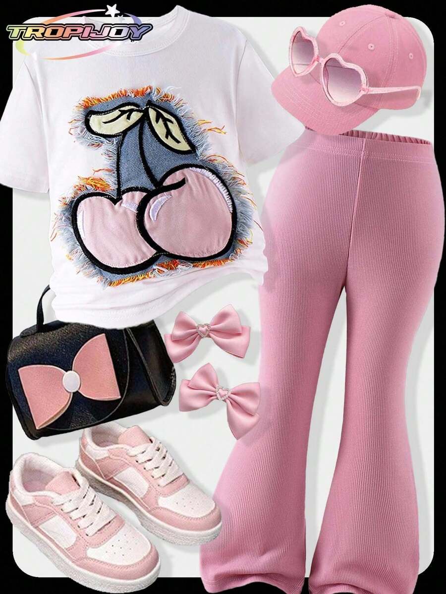 SHEIN 2pcs Young Girl Girls Casual Outfit Set - White Embroidered Cherry Knit Round Neck Tee + Pink Flared Pants, Comfortable Summer Suit For Children