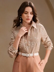 Anewsta Women's Vintage Embroidered Casual Blouse, Suitable For Spring/Summer, Beach - Khaki - View 5
