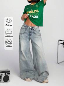 EURMUSE 低腰复古水洗斜口袋阔腿牛仔裤 - 中等水洗藍 - 查看 1