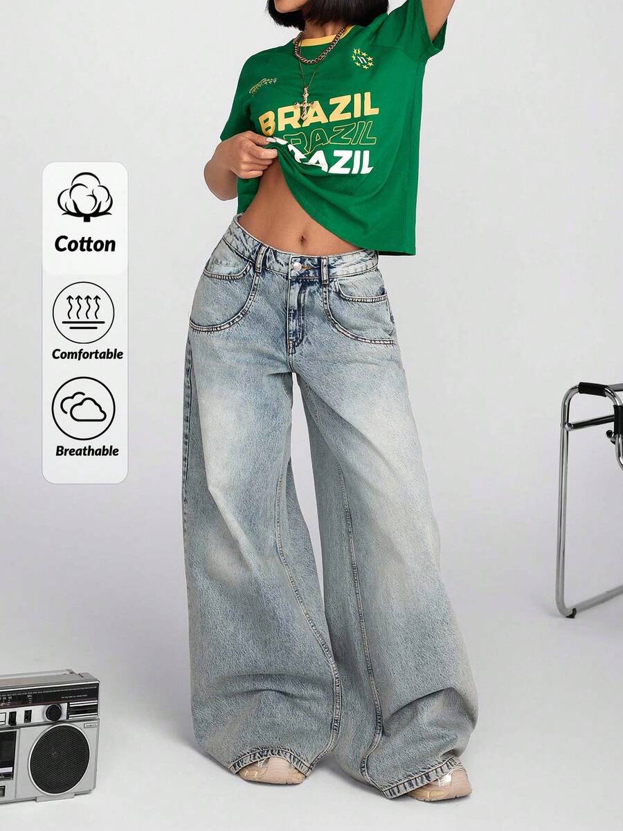 EURMUSE 低腰复古水洗斜口袋阔腿牛仔裤 - 中等水洗藍 - 查看 1