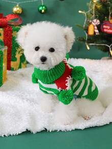 PETSIN 1pc Pet Green And White Striped Christmas Sweater, Cute Cats And Dogs Wearing Warm Autumn And Winter Clothes - Green and white stripes - View 4