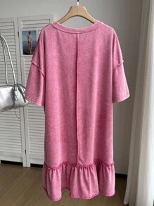 SHEIN Comfortcana Đầm thường ngày cổ tròn tay ngắn viền bèo nhún cỡ lớn mùa hè cho nữ - Màu Hồng Tươi - Xem 2