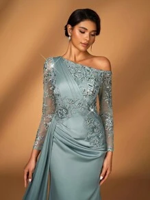 Serin Elegantes, luxuriöses, besticktes Spitzen-Pailletten-Patchwork-Kleid aus elastischem Satin-Chiffon mit Langarm und Schlitz an der Seite, geeignet für Hochzeit, Party, Urlaub, Abschlussball, Abendrobe, Brautmutter