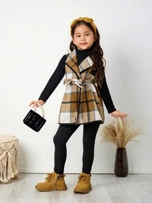 Emery Rose Kids Emery Rose Kids 3pcs/Set Young Girls Urban Fashion Plaid Jacket, Long Sleeve T-Shirt, Pants Set, Suitable For Casual Outings, Parties, Vacations And Other Occasions, Autumn/Winter Toddler Girl Birthday Girl Mommy And Me Matching Halloween Back To School Pink Autumn Fall Sister, Halloween Girls Checkered Outfit Girl Fall Winter Clothes Girls Fall Outfit Sets Girls Plaid Set Two Piece Kids Set Plaid Kids Winter Dresses - Khaki - View 7