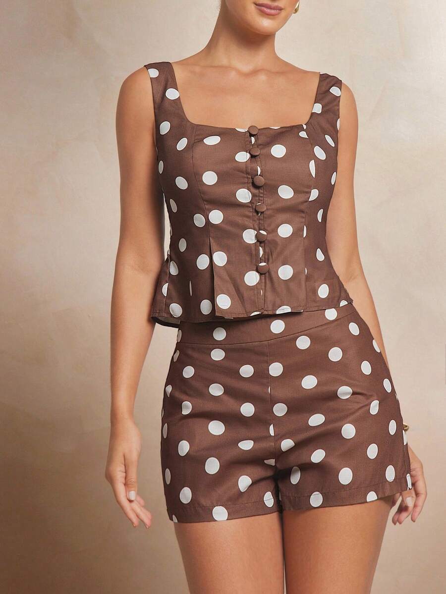L'Amorae 女士棕色圆点亚麻复古修身短裤 - 棕色 - 查看 1