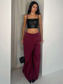 Glamine Burgundy Pocket Spliced Suit Pants,Summer Chic Night Out Long Pants,Urban Office Edit,Elegant Versatile Commute Essential,Retro Minimalist Modern Look - Red - View 3