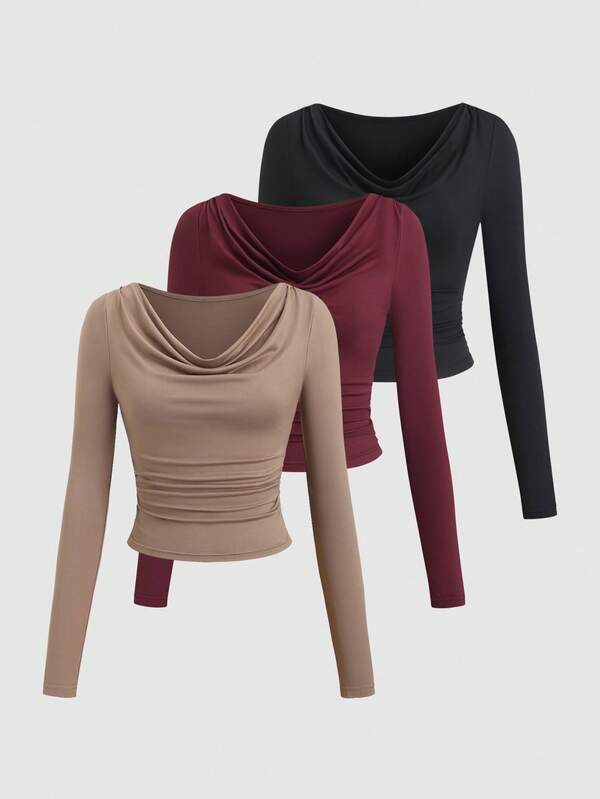 Sweetra Conjunto de camiseta feminina casual primavera/outono, minimalista, franzida, elegante, com cintura drapeada e franzida, slim