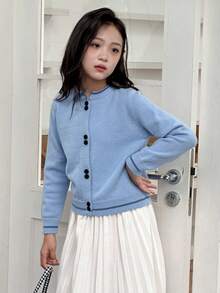 DAZY Tween Girl Tie Neck Design Long Sleeve Single-Breasted Casual Cardigan Fall/Winter - Baby Blue - View 4
