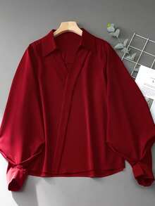 Celisse 女士纯色V领灯笼袖百搭通勤优雅长袖衬衫