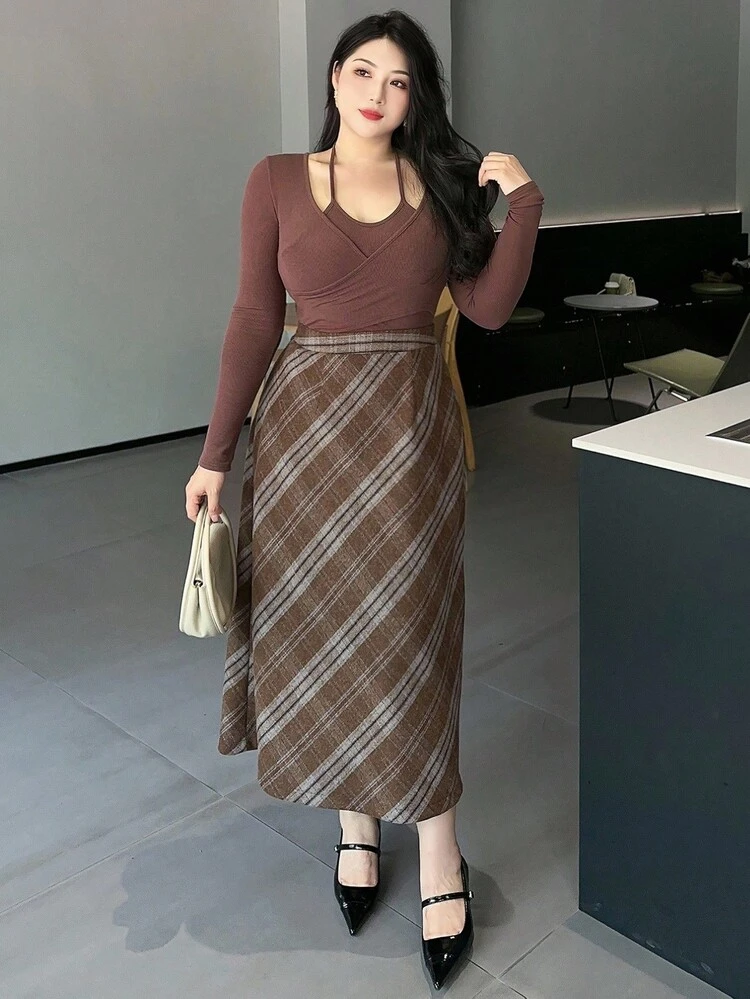 Dazy Plus Plus Size Women Plaid Skirt, Elastic Waist A-Line Thick Woolen Skirt, Casual School Style For Autumn/Winter