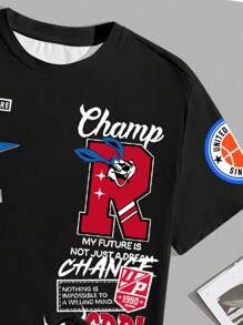 Manfinity Homme 男士休闲字母印花圆领短袖 T 恤和短裤套装，夏季舒适服装 - 黑色 - 查看 5