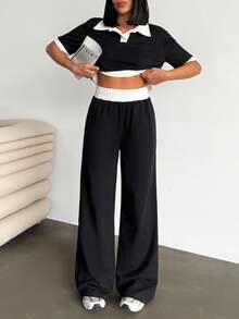 EURMUSE Women Polo Neck Top Tshirt And Contrast Belt Detailed Pant Two Pieces Set Halloween Fall Halloween Plus Size - Black and White - View 3