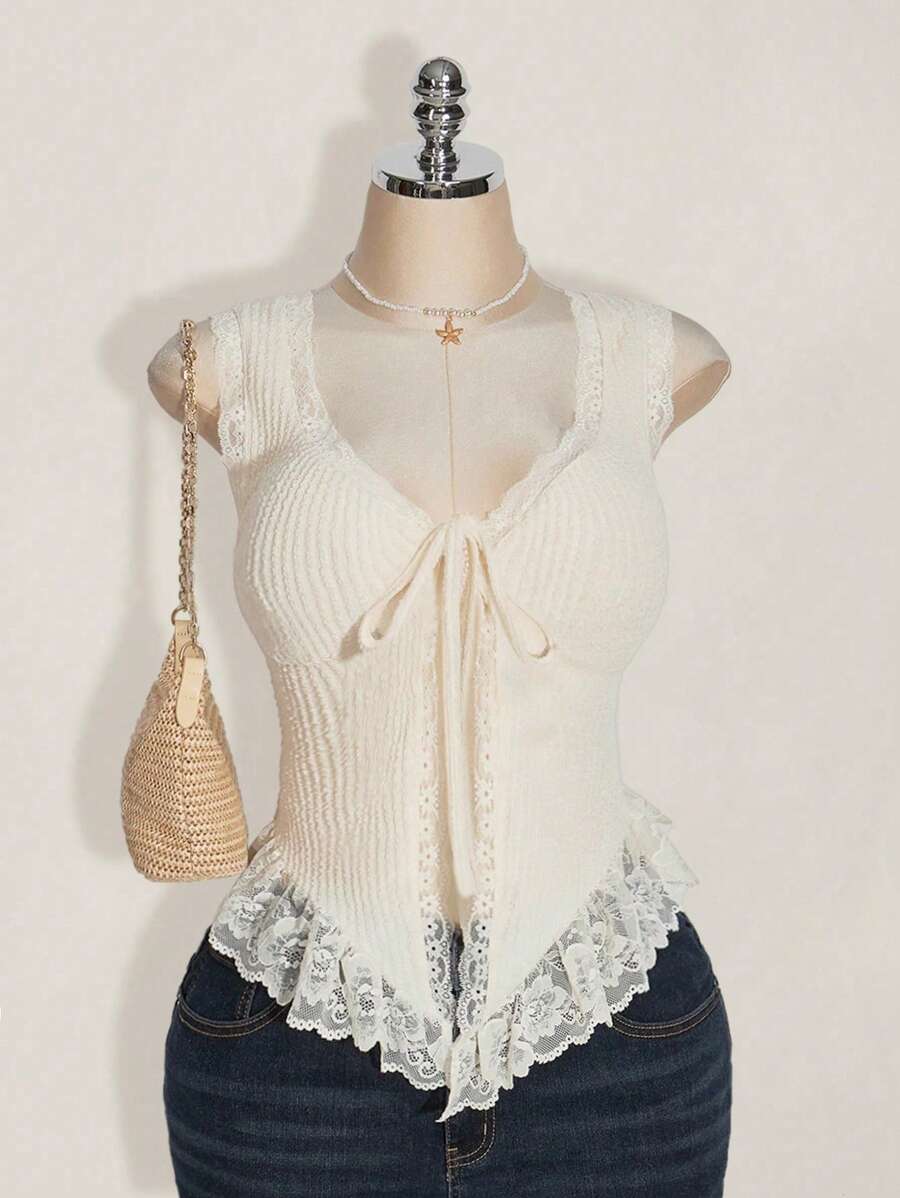 SHEIN ICON Áo ba lỗ buộc dây ren tương phản cỡ lớn cho nữ mặc hàng ngày - Màu be - Xem 1