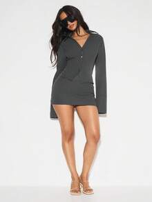 KIZN 不对称纽扣前领衬衫裙长喇叭袖专业办公室装现代时尚优雅晚装秋冬系列 - 灰色 - 查看 4